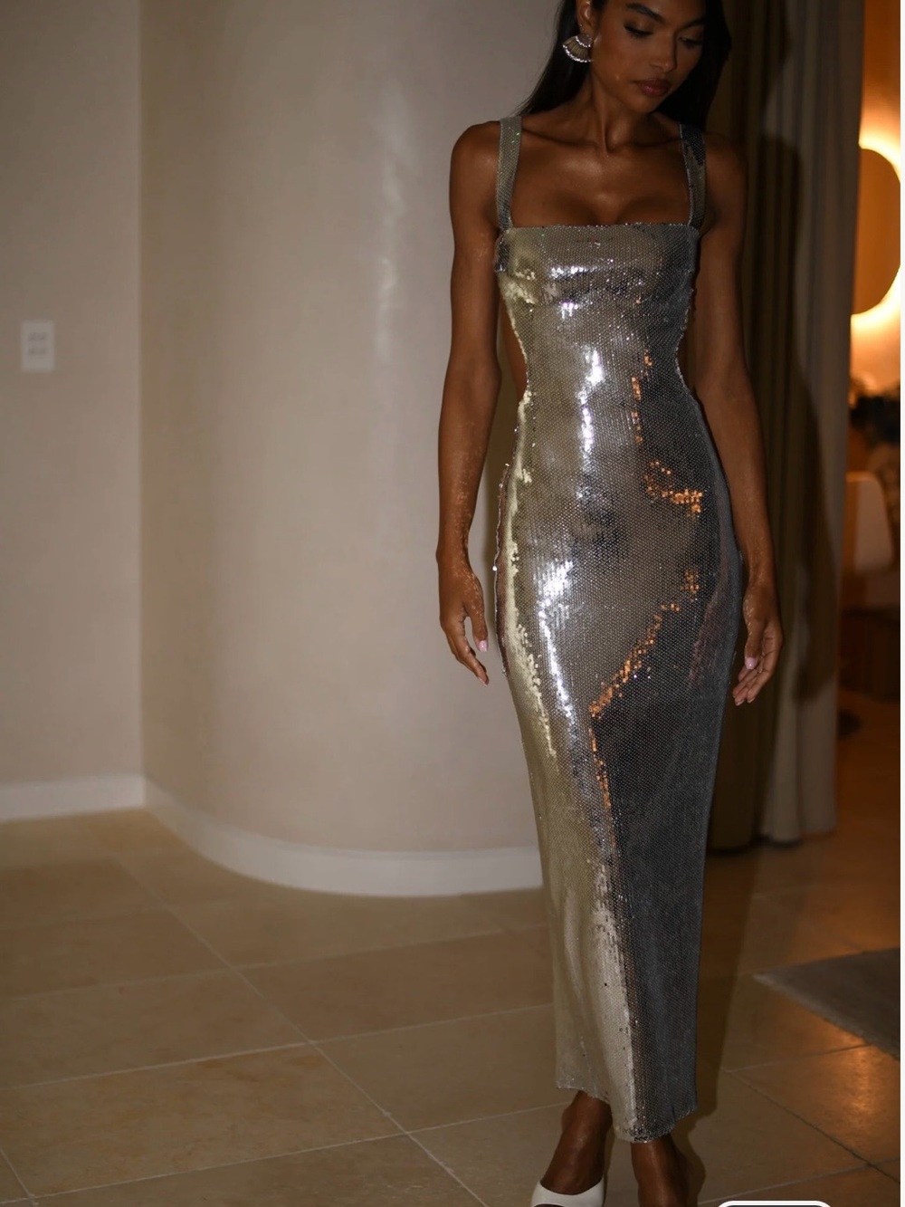 Meshki Silver Sequin Square-Neck Maxi Dress